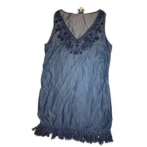 Beige By ECI Woman's Shift Blue Denim Fringe Embroidered Dress Size Medium